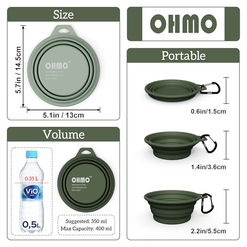 OHMO Faltbare Hundenapf, (2 Stück 350ml, Tarngrün&Hellgrün) Premium Silikon Haustier Wassernapf für Katzen & Hunde, Tragbare Hundereise-Napf Faltbar für Outdoor Camping Wandern