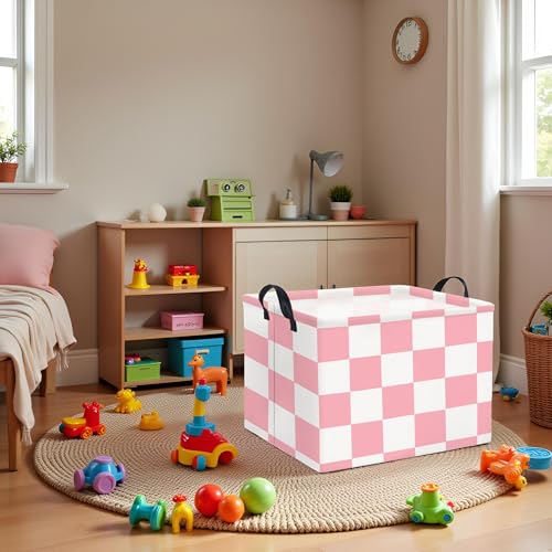 Image of Rectangular Storage Basket for Home Kitchen Girls Cute Storage Bin Organizer Shelf Book Room Decor(Pink Checked)