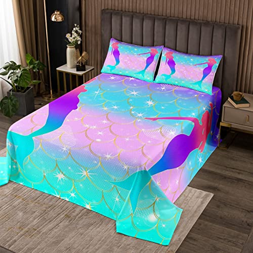 Loussiesd Colorida sirena acolchada colcha de sirena de dibujos animados para niños niñas Rainbow Fish Scales Coverlet Set Ocean Life Sea Animal acolchado tamaño individual 2 piezas