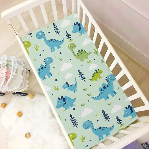 Image of Dinosaur Clouds Grass Cartoon Pattern Crib Sheets Stretchy Portable Sheets for Baby Toddler Breathable Soft Crib Mattress Sheet for Girls Boys