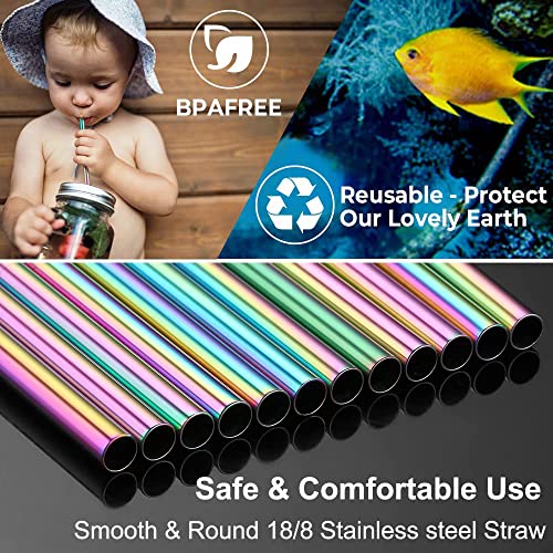 Image of Vinaco Reusable Smoothie Straw, 0.4'' Extra Wide Stainless Steel Straw 10.5'' & 8.5'' Long colorful Straws, 6 Pack Metal Straw with 1 Reusable Straw Brush Cleaner for Milkshake, Smoothie, Bubble tea