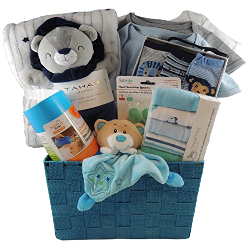Ornella’s Baskets Baby Boy Gift: Tahari Blanket Set, 3 Onesies and more