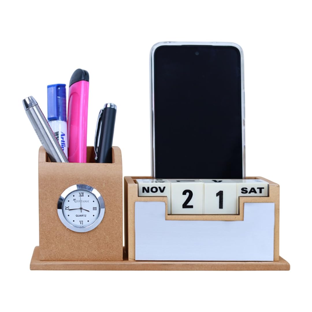 Giftana Pen Stand with Table Watch,Table Calendar, Desk Organizer With Wooden, Pen Stand for Doctors, Office Desk & Study, New Year Corporate Gift for Employee (Beige,Silver)