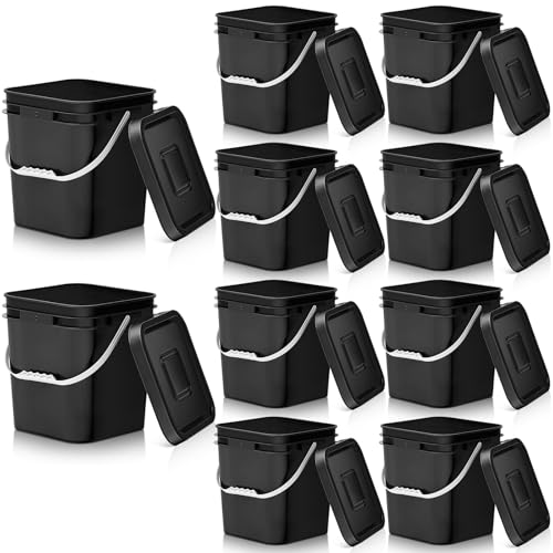 Image of Mumufy 10 Pcs 3.5 Gallon Square Food Grade Bucket with Lid Plastic Buckets Pail with Handle Lid Heavy Duty Buckets for Storing Dry Food Charcoal Camping Fishing(Black)