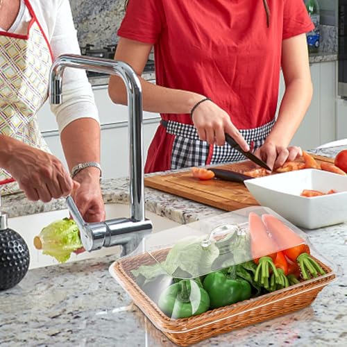 DEAYOU Imitation Rattan Bread Basket with Lid, Woven Tabletop Food Serving Basket, Poly-Wicker Fruit Basket for Vegetable, Restaurant, Display, Kitchen, Party, Rectangle, 13.8" L x 9.8" W - Image 5