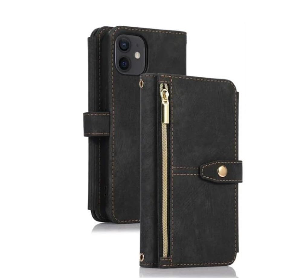 Funda de Cuero con Tapa y cordón Largo para iPhone 15 14 13 12 11 Pro MAX XS XR X SE 2022 8 7 Plus Funda con Cremallera para múltiples Tarjetas, Negro, para iPhone 7 (iPhone 8)