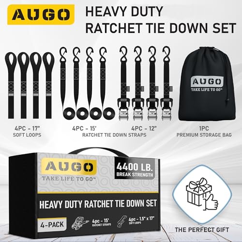 Image of AUGO Heavy Duty Ratchet Straps & Soft Loops - Pack of 4 Extra Strong 1.5 inch by 15' Ratchet Straps w /S-Hook Safety Latches & 4 Soft Loop Tie Downs - 4400Lb Break Strength for Motorcycles, ATVs, Etc.