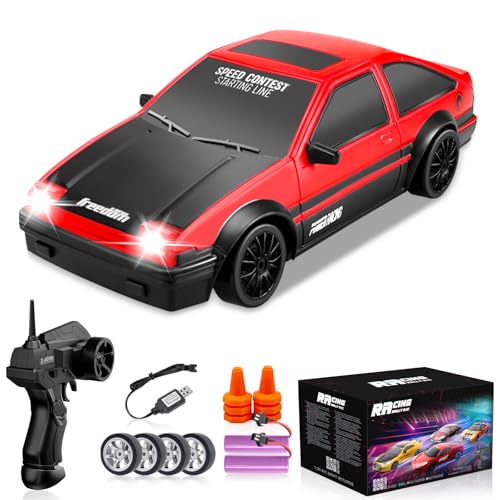 YUAN PLAN RC Drift Car, 1:24 Remote Control Cars 2.4GHz 4WD High Speed Drift RC Cars with LED Light Dritfing Tires Racing Hobby Toy Car with Two Batteries for Boys Girls Kids Adults (Red)