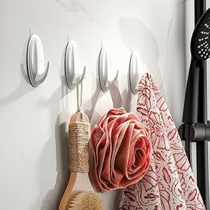 ALOCEO 12 Pack Towel Hooks/Bathroom Wall Hooks with 13 Clear Adhesive Strips, Waterproof, Removable Washable Sticky Adhesive Hooks, Hook Holder for Hanging Coat, Loofah, White