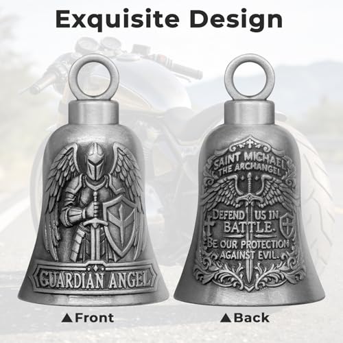 Image of St. Michael Motorcycle Bell Guardian Angel Gremlin Biker Bells for Luck with Motorcycle Bell Hanger, 2 Key Chain Ring Accessories, Velvet Pouch