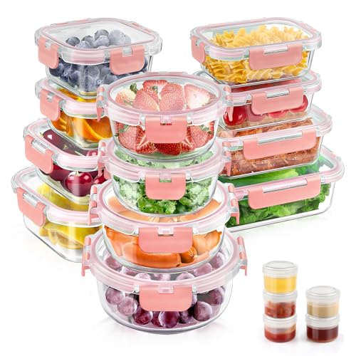 Image of 34pcs Glass Food Storage Containers with Lids Set, Airtight Glass Meal Prep Containers (17 Containers & 17 Lids), Leak Proof Lunch Container BPA-Free, Microwave, Oven, Freezer, Dishwasher Safe-PINK