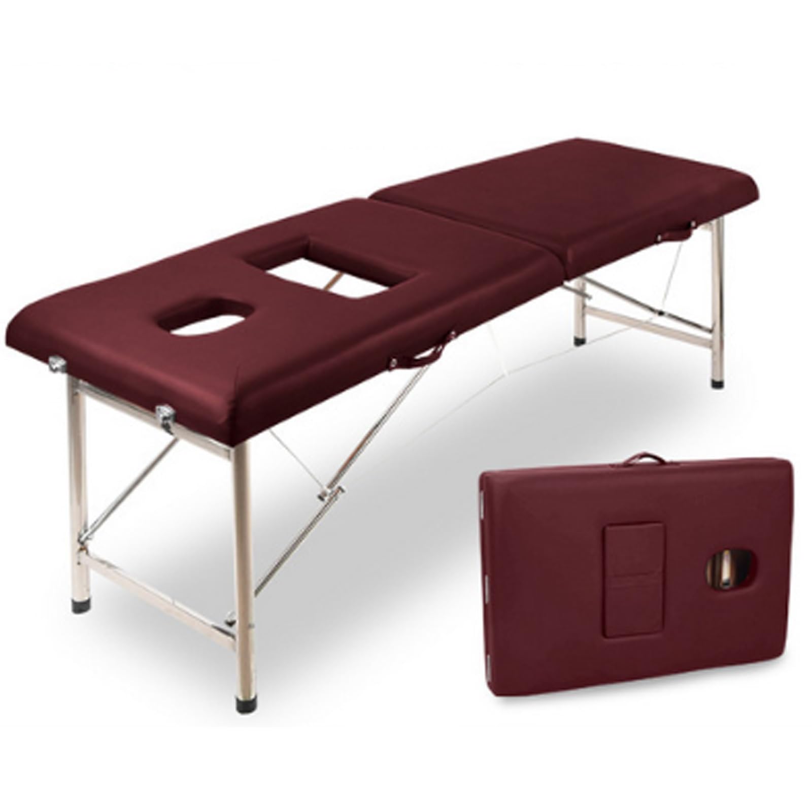 Lettino da massaggio Lettino da massaggio portatile pieghevole a 2 sezioni con foro per il petto Lettino da bellezza Lettino da salone per tatuaggi Cura del corpo(Wine Red,Width 60cm)