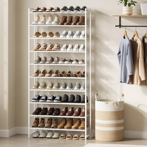 Image of Nunsino Shoe Rack for Closet, Metal Shoe Organizer, 10 Tier Garage Shoe Rack Max Holds 50 Pairs,Shoe Storage Shelf,Entryway,White