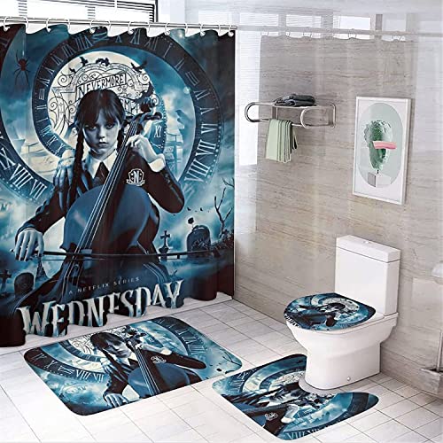 Wednesday Adams 4 Stück Duschvorhang Sets,enthalten Anti-Rutsch-Teppich,Toilettendeckel Abdeckung, Badematte Und Duschvorhang Wasserdicht Mit 12 Haken Für Bad (W1,90x180CM)