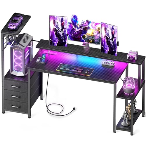 Image of Korfile 55 Inch Gaming Desk with Bluetooth LED Lights & Power Outlets,Computer Desk with Fabric Drawers & Hooks,Reversible Gamer Table with Monitor Stand for Game Room,Home Office,Carbon Fiber Black