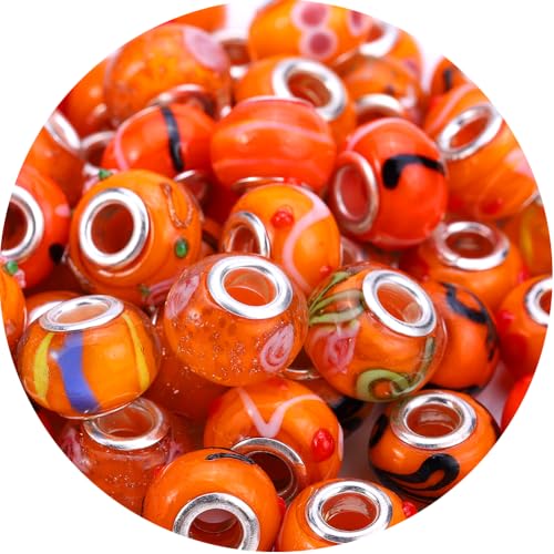 AIPRIDY 10x15mm Murano Large Hole Glass Beads with Silver Brass Cores, European Style Beads for DIY Jewelry Making (50, Orange)