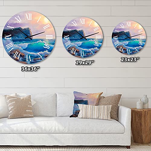 DesignQ Nautical & Coastal Wall Clock 'Blue Waves Breaking at The Beach III' Blue Round Wall Clock for Kitchen Decor CLOCK35179 23x23 - Image 4