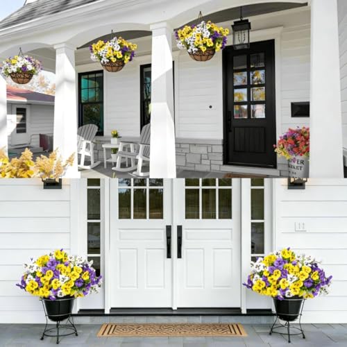 Artificial Pansies Flowers for Outdoor, UV Resistant Fake Flowers, No Fade Realistic Silk Pansy for Porch Planter Garden Patio Yard (24, Purple/White/Yellow) image 7