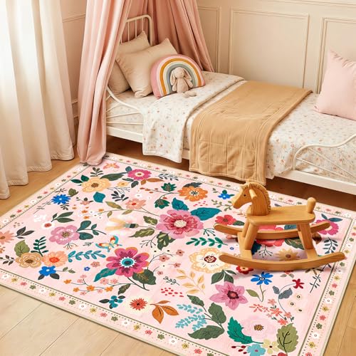 DEFYNEE Tapis Salon Lavable en Machine, Grand Tapis Floral 90×150 cm, Tapis Floral Vintage Bohème Antidérapant À Poils Courts pour Chambre, Cuisine,...