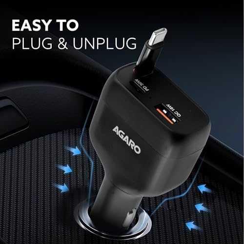 Image of AGARO Turbo 84W 3 in1 Car Charger with 86 cm Retractable Cable (30W Type-C PD) & Dual Port (18W USB-A & 30W Type-C) for Android, iPhone, iPad, Earbuds, Tablet, Power Bank & USB-powered devices (Black)