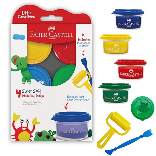 Faber-Castell Little Creatives Super Soft Modeling Dough: 4 Classic Colors and Play Dough Accessories, Non Toxic Playdough Kit for Toddlers, Gifts for...
