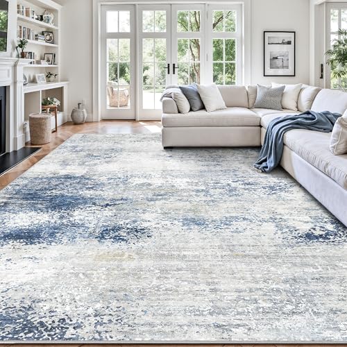 Yarooge 8x10 Area Rugs, Abstract Modern Ultra Soft Washable Rug, Non Slip Carpet with Rubber Back, Large Rugs for Living Room, Bedroom, Dining Room Decor (Blue & White)