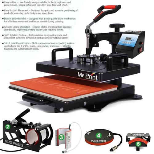 Image of Complete Sublimation Printing Business Setup | T-Shirt & Mug Printing Machine | Heat Press 5 in 1 + Printer + Ink + Paper | Start Small Business | MY PRINT (with Slider Heat Press)