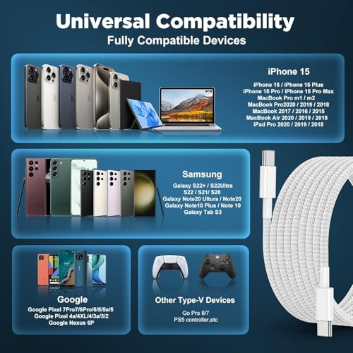 Image of ZYBUX USB-C to USB-C Braided 3.3 Feet (1M) Fast charging Type C Cable, for16 Pro max, 16 Pro, 16 Plus, 15 Pro Max, 15 pro, 15 Series and other Devices, Durable Cord, PD, White