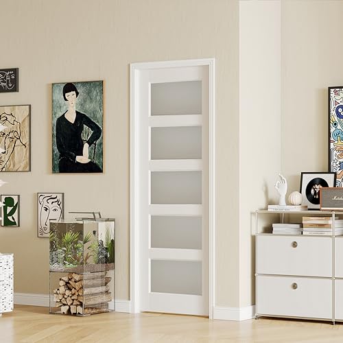 Image of 30 inch x 80 inch French Interior Door, 5 Lite Tempered Frosted Glass Panel for Pantry & Bedroom, Single Pre-drilled Holes Slab Door, White Primed, Assembly Required (Hinges Not Included)