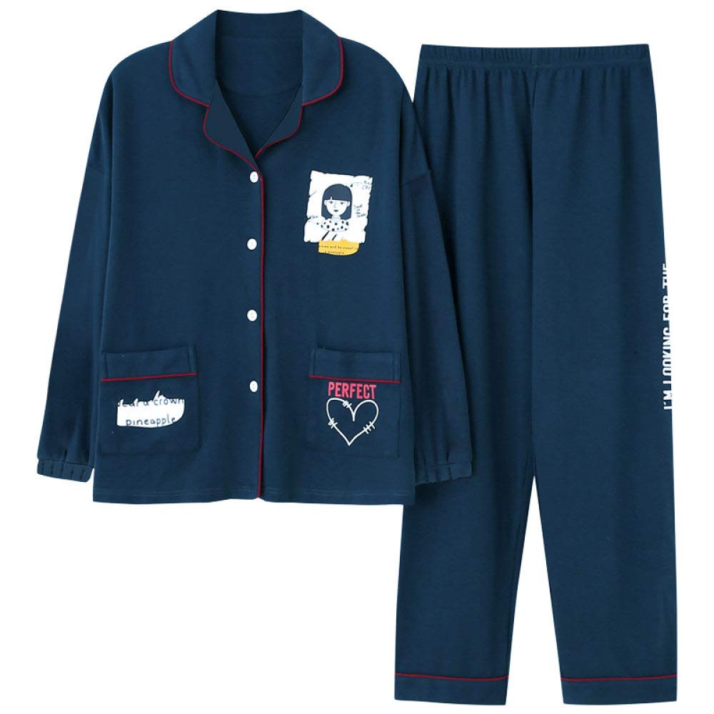 YUHOOE Conjunto De Pijamas De Mujer,Algodón Suave Lindo Estampado con Botones Conjunto De Pijama Ropa De Dormir De Manga Larga Tops Y Bottom Pjs Set Nightwear Loungewear para Damas,Azul Marino,M