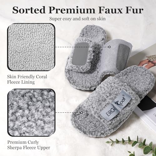 ERGOfoot Fuzzy House Slippers with Arch Support for Women Men, Orthopedic Slide Slippers for Plantar Fasciitis Open Toe Indoor House Shoes with Adjustable Straps, Foot Pain Relief3
