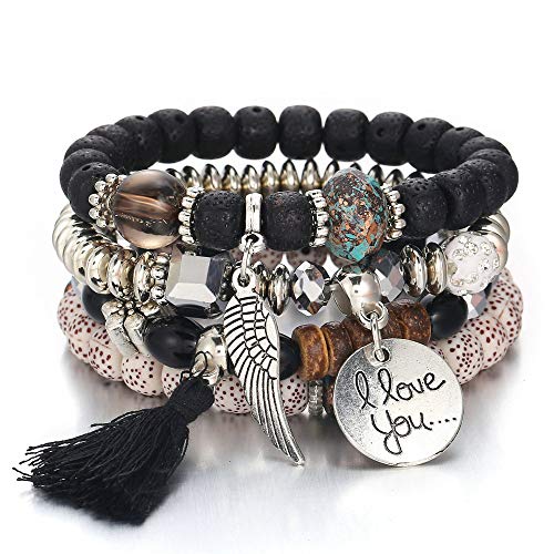 BEUU Bohemian Mix Bead Multi Layer Versatile Statement Bracelets - Stackable Beaded Strand Stretch Bangles Sparkly Crystal, Tassel Charm
