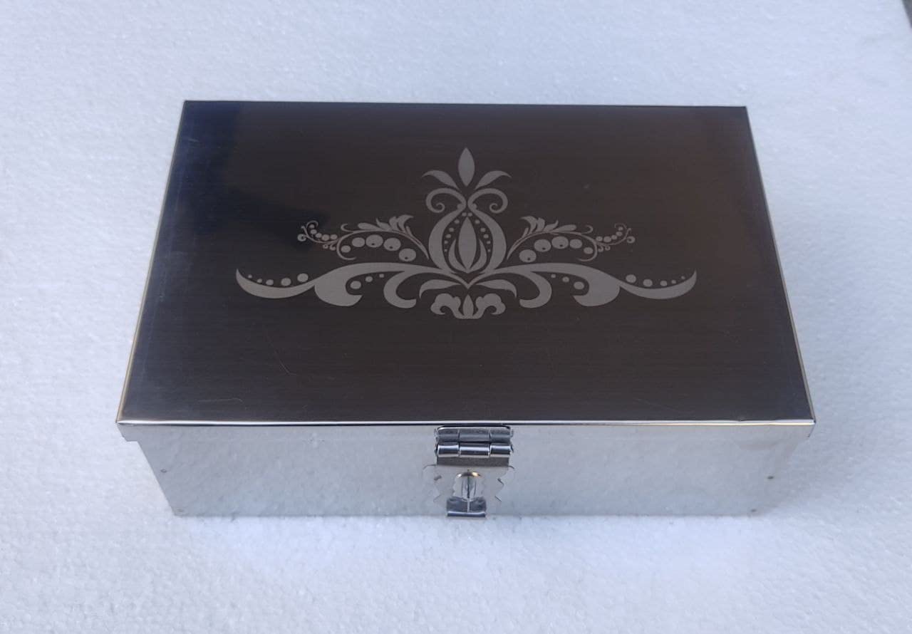 Stainless Steel Storage Boxes,Cash Peti, Pooja Peti,Organizer, Vanity, Safe Locker,Storage Box,Cash Box With Laser Print Design (9 inch''W-9", H-2.90", L-6")-picture-18
