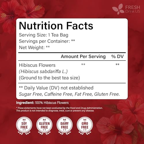 Image of FRESHDRINKUS 60 Hibiscus Flowers Tea Bags, 100% Natural, Pure from Hibiscus Flowers. Loose Flower Hibiscus Herbal Tea. Hibiscus Flower Tea. No Sugar, No Caffeine, No Gluten, Vegan.