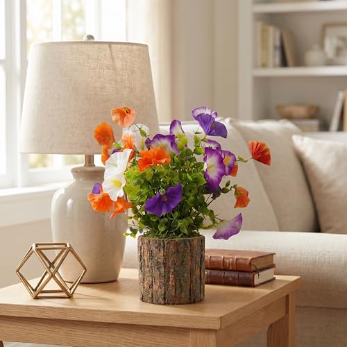 Image of Dekorly Artificial Morning Glory Flower with Real Wooden Vase (28CM Overall Height) | Decorative Lifelike Faux Floral Plant in Rustic Tree Log Pot for Living Room (Morning Glory Flower)