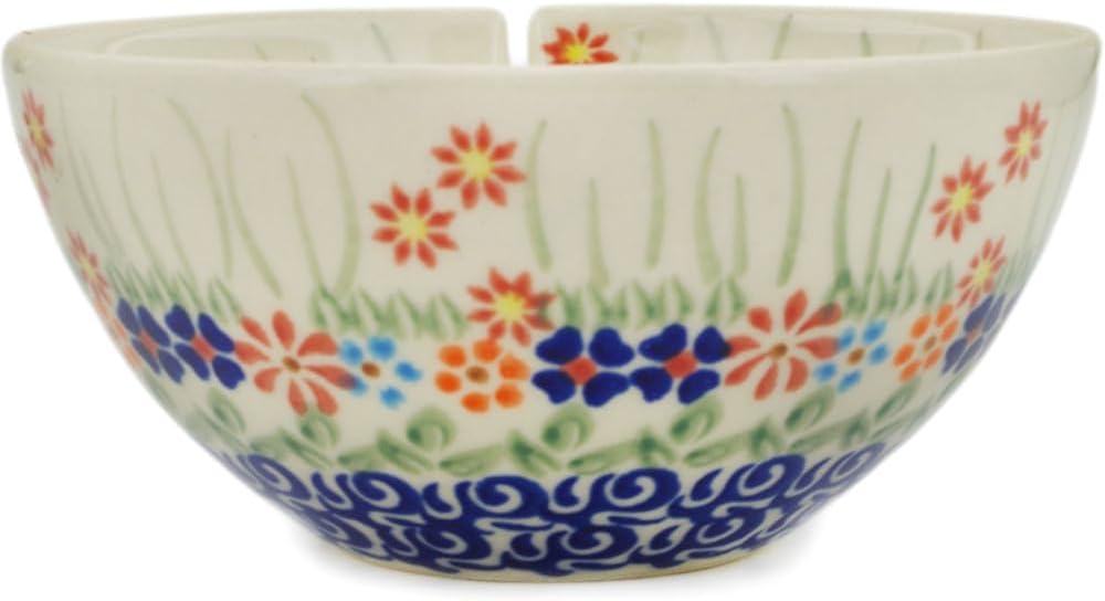 Polmedia Polish Pottery Yarn Bowl 6-inch - Blissful Daisy Pattern Handmade in Boleslawiec Poland by Ceramika Bona + Certificate of Authenticity
