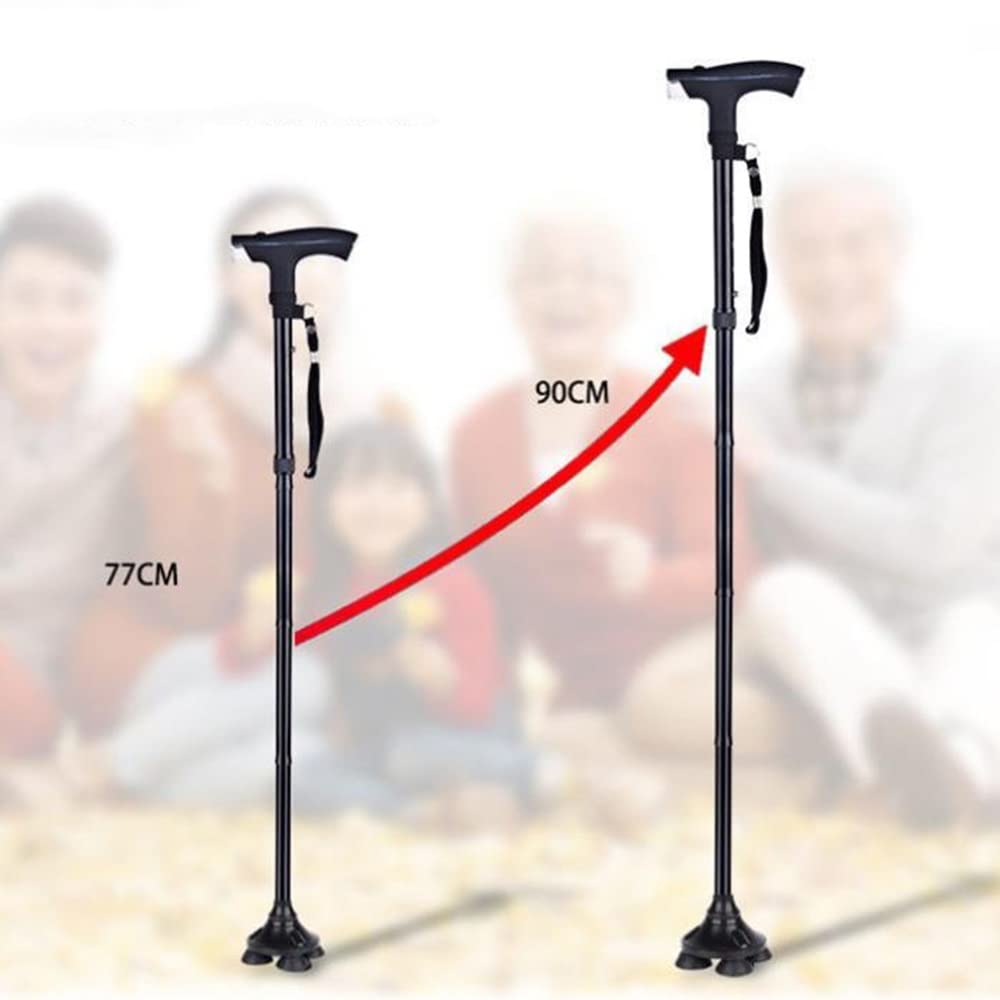 Bastones para Adultos Hombres Mujeres Personas Mayores, con Luces LED, Bastones Plegables, Ligeros, Ajustables, Independientes, Equilibrados, Estables (Color: Negro, Tamaño: Cuatro Patas)