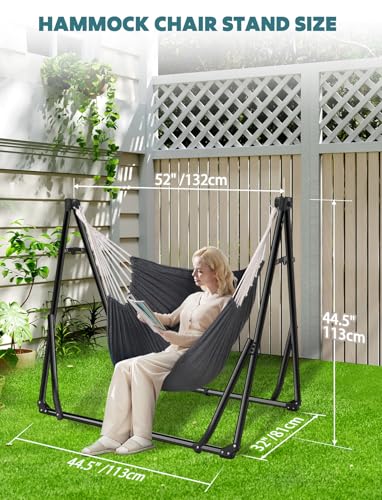 Miniatura 4 de Anyoo Hamaca Y Silla De Algodón Con Soporte Plegable, Set Portátil De Doble Uso Para Interior Y Exterior, Jardín, Terraza, Patio, Camping, Cubierta