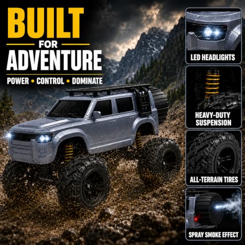 Image of Big Silver Remote Control Car Toy | Defender | Smoke and LED Light | Monster Truck Remote Control 4x4 | Rechargeable Car | 2.4G Remote Control |High Speed | 100m Range | Birthday Gift for Kids