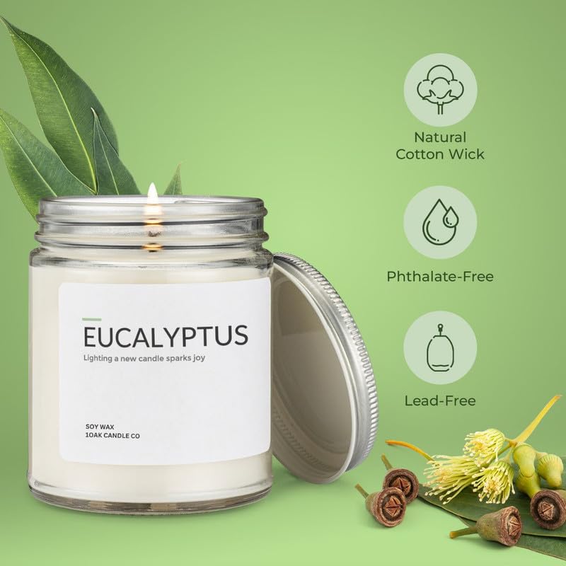 1OAK Świece zapachowe z wosku sojowego (eukaliptus) – świece sojowe do domu – długie palenie premium – ręcznie nalewane (200 ml)