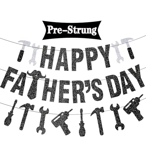 Image of Pre-Strung Happy Fathers Day Banner Party Decorations, NO DIY Glitter Fathers Day Banner with Household Tools Garland for Step Dad Grandpa Papa Home Indoor Mantel Wall Room Photo Props Backdrop Decor