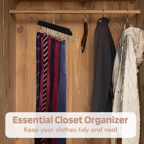 NECAMOCU Belt Hanger, Black Wooden Belt Organizer for Closet, 360° Rotating Tie & Belt Rack for Storage with 14 Hooks, Sturdy Belt Holder Space Saver for Belt, Tie, Bra, Scarf, Tank Top