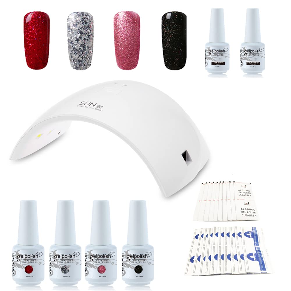 Kit de Vernis semi-permanent Vishine - 36W Professionnelle LED Lampe Portable sèche ongles Lumière Blanche avec 4 Couleurs Vernis Gels, Top Base Coat, Remover & Cleanser - débutants Nail Art Kit C015