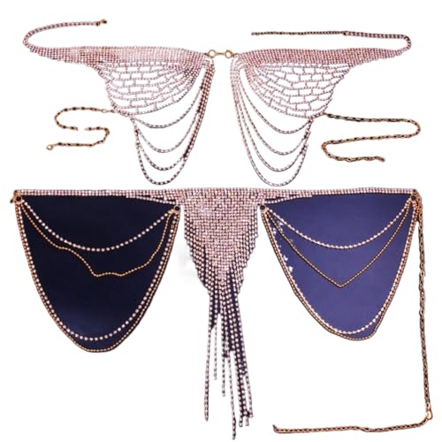 Sexy Diamond Chest Chain Bra Panties Sparkly Rhinestone Body Chain Crystal Bikini Chest Jewelry Lingerie Woman Nightclub Clothing (Gold)
