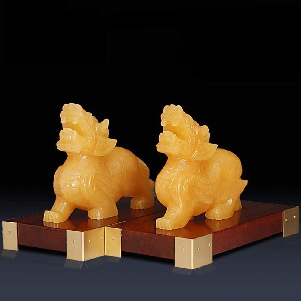 Una Coppia di Statue Cinesi Feng Shui PiXiu/PiYao attirano ricchezza e buona Fortuna Decorazione in Giada Gialla Prosperità Figurine Casa e Ufficio 0904