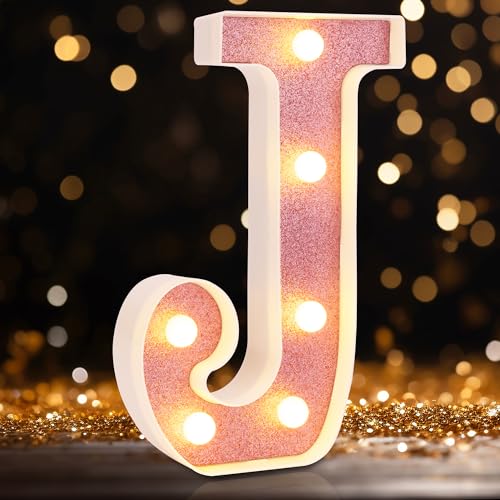 Image of Small Led Marquee Letters, Light Up Letters, 8.58 Inch Led Letter Lights, Battery Powered Lighted Sign for Table, Party, Birthday, Christmas Decor (Pink Glitter, Letter J)