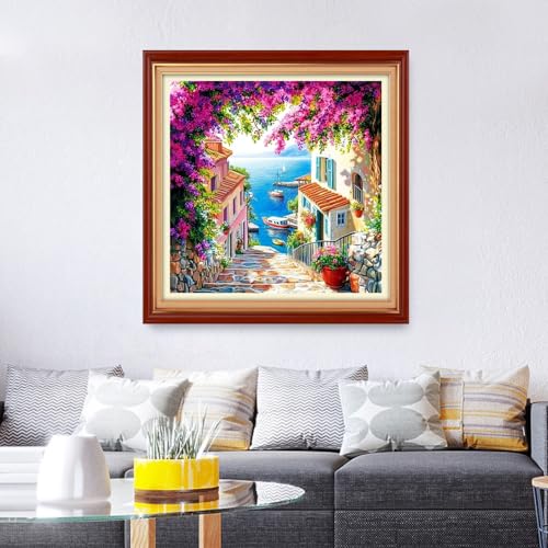 Image of Foxhool Stamped Cross Stitch Kits,11CT Printed Cross Stitch Pattern Full Embroidery Kits for Beginner Needlepoint Kits&Seaside Floral Scenery 18x18 inch