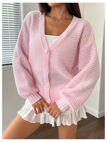 Image of BEAUDRM Women's Button Front Cardigans Drop Shoulder Hollow Out V Neck Long Sleeve Knitted Sweaters Pink Small