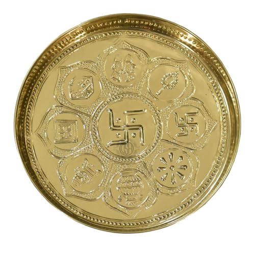 Image of DSH Pure Brass Puja Thali Plate With Embossed Design 8 Inch Best For Home Office Mandirtemple Weddings Diwali Spiritual Gift Item.(Pt-Br-Swastik-8K)