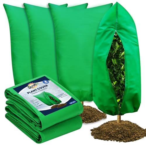 SCRUBIT Plant Covers Freeze Protection, 40" W x 47" H Frost Cloths for Outdoor Plants & Fruit Trees with Zipper and Drawstring, Thick Winter Plant Covers - 4 Pack Shrubs Frost Blankets